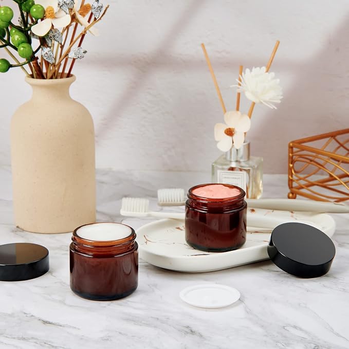 2oz Jars with Lids, Hoa Kinh 24 Pack Amber Cosmetic Glass Jars with Lids | Empty Cosmetic Containers Round Airtight Glass Jar with Inner Liners and Lid for Storing Lotions, Powders, and Ointments