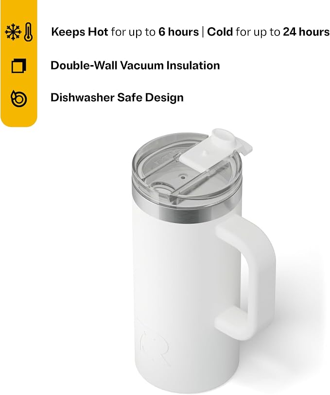 RTIC 16oz Road Trip Travel Mug with Lid and Handle, Ceramic Lined, Insulated, Stainless Steel, Metal, Double Wall Vacuum-Insulation, Portable Coffee, Tea Cup for Hot and Cold Drink, White