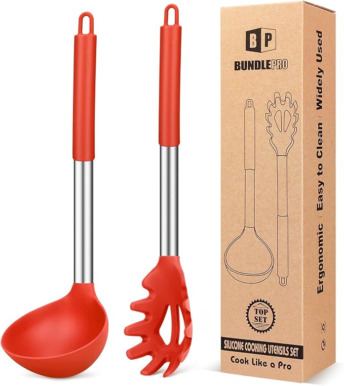 BUNDLEPRO Silicone Pasta Fork and Ladle Spoon Set, 2 Pack, Red | Large Non Stick, High Heat Resistant Kitchen Utensils for Cooking,Stirring,Serving Spaghetti, Soup, Sauce