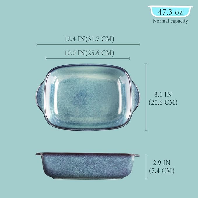 12.4 x 8.1-inch baking pan, 47.3 ounces, rectangular baking pan, ceramic baking pan, cake pan with handle, suitable for lasagna, roasting vegetables/meats, kitchen, dining room, hazy green.