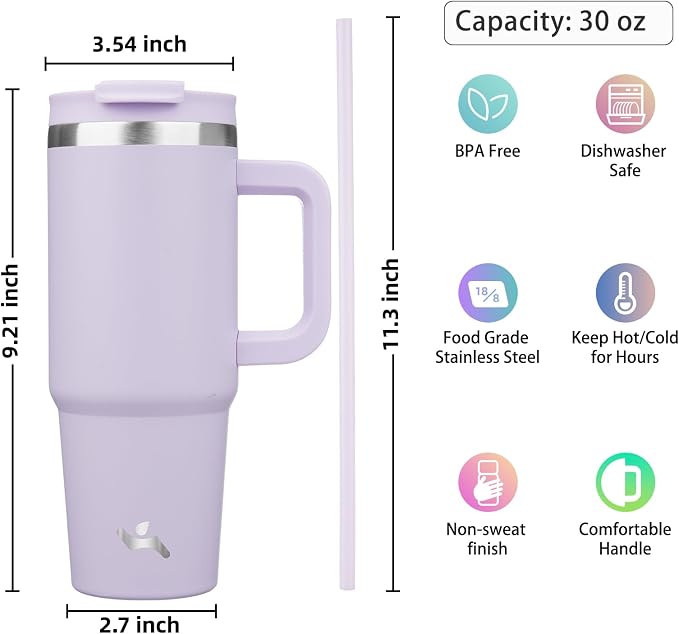 Konokyo 30 oz Insulated Tumbler Water Bottle with Handle, Straw Lid | BPA-free and dishwasher safe; made for gym, travel, coffee and gifting, 2 straws, cup holder friendly,Wisteria