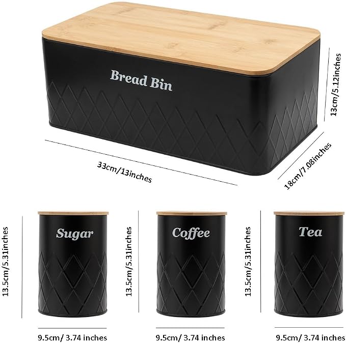 Black Metal Bread Box with Cutting Board,3 Canisters for Kitchen | Coffee Tea Sugar Container Storage Set Bread Bin with Bamboo Lid for Kitchen Countertop Bread Box Set