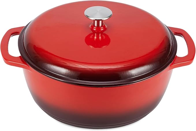 Amazon Basics Enameled Cast Iron Dutch Oven Pot with Lid, Round, Dual Handles, Heavy-Duty, Oven Safe for Stews, Roasting, Baking, 6-Quart, Red