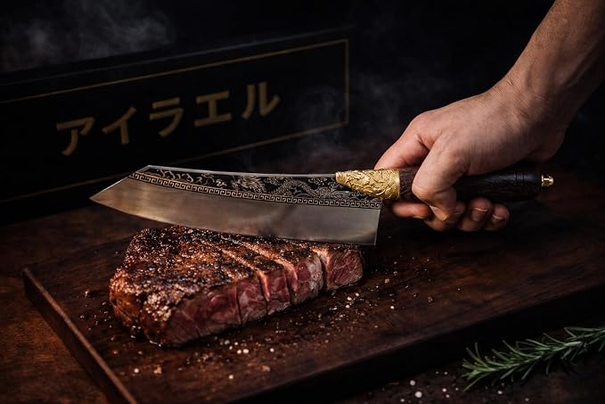 Dragon Engraved Chef Knife – Unique Gift for Men, Chefs & Collectors | 8.5" Razor-Sharp Japanese-Style Kitchen Knife, Mirror-Polished Stainless Steel Blade, Rosewood Handle & Premium Gift Box