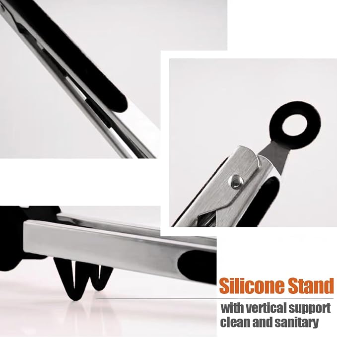 9" Kitchen Tongs for cooking with Silicone Tips, 3Pcs Serving Tongs, Black | Small Silicone Tongs mit kickstand, Food Grade, 3 different type of tongs, Stainless Steel