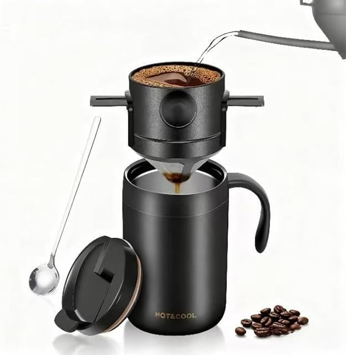 Portable 16oz Pour Over Coffee Maker with Foldable Filter & Stirrer – Insulated Stainless Steel Travel Cup with Lid – No Paper Filter Needed, BPA-Free, Black – For Home, Office, Camping, Backpacking