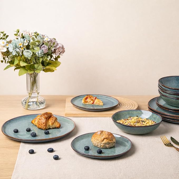 AmorArc Ceramic Dinnerware Sets for 8, 24Pcs Plates and Bowls Sets Dishes | Stoneware Handmade Reactive Glaze Dinner Set, Highly Scratch Resistant | Dishwasher & Microwave Safe Dishware