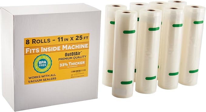 11" x 25' Rolls (Fits Inside Machine) BULK 8 Pack (200 ft total) OutOfAir Vacuum Sealer Rolls Works With FoodSaver & Other Machines, 33% Thicker BPA Free Sous Vide Commercial Grade Bags