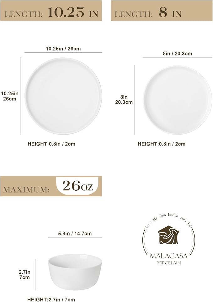 MALACASA 24-Piece Dinnerware Set for 8, White Porcelain Dishes | High-Fired Porcelain, Chip and Scratch Resistant, Microwave and Dishwasher Safe, Dinner, Salad Plates and Cereal Bowls