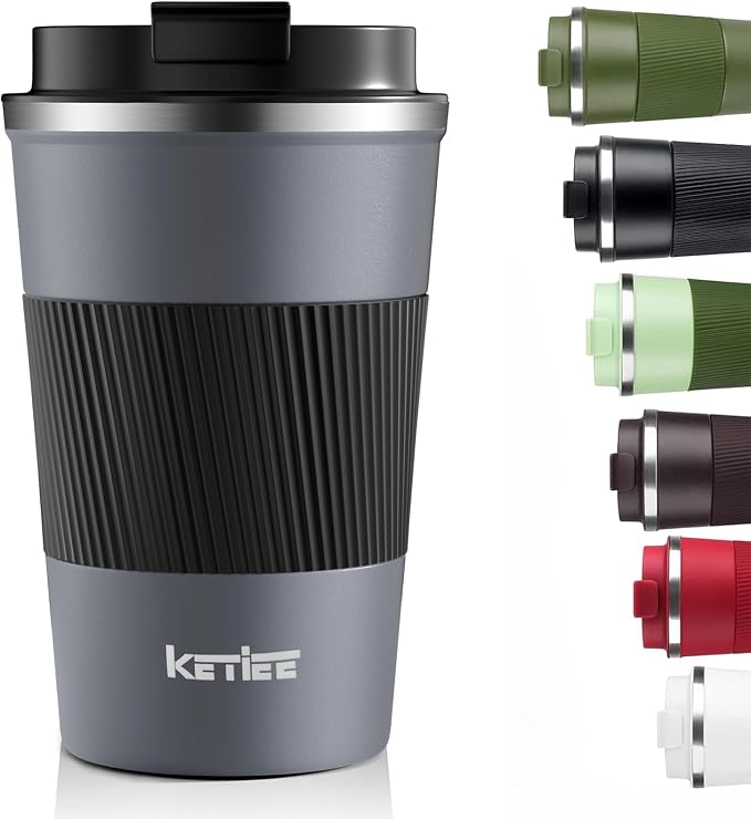 KETIEE Travel Coffee Mug Spill Proof 12oz, Insulated Reusable Coffee Cups with Seal Lid, Vacuum Stainless Steel Travel Mug to Go Car Tumbler for Hot/Iced Drinks (Grey)