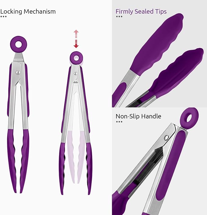 U-Taste Kitchen Tong for Cooking, 600ºF Heat-Resistant Tps, 7in/Purple | Small Mini Silicon Tongs for Serving Food, Short Salad Thong with Non Stick Rubber Tips & 18/8 Stainless Steel Handle