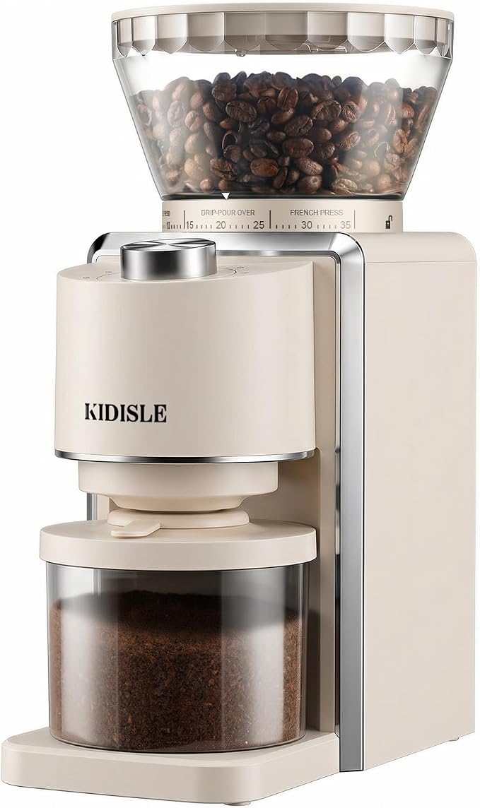 KIDISLE Conical Burr Coffee Grinder 2.0, Electric Coffee Bean Grinder for Precise Grinding, 35 Settings, 2–12 Cup Selector, Anti-Static Design for Home Use, Beige