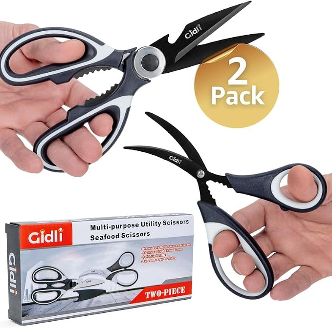 Titanium Coated Kitchen Scissors 2-Piece Set - Lifetime Replace. Warranty* | Gidli Heavy Duty Sharp Kitchen Shears for Meat, Poultry, Herbs and Food Prep Includes 7" Seafood Scissors with Ergonomic Grip