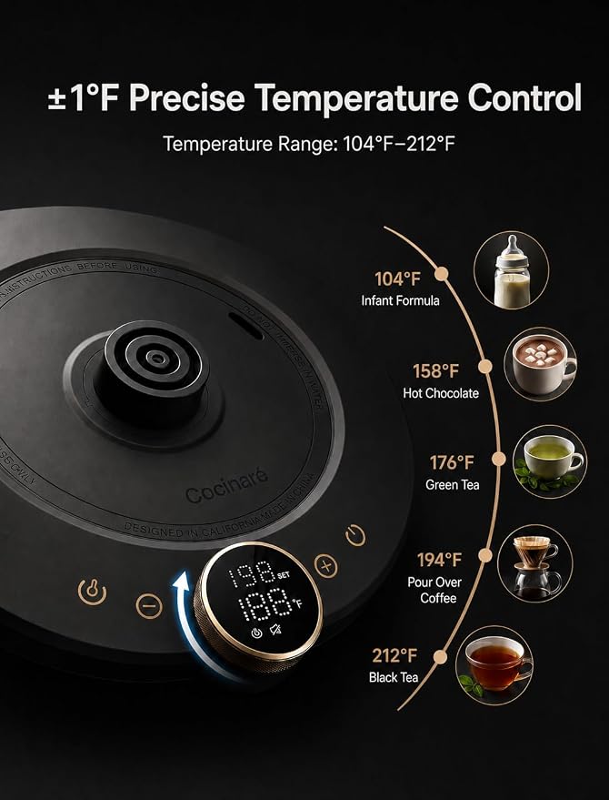 Cocinare Gooseneck Electric Kettle, ±1°F Precise Temperature Control, 1500W Fast Heating, Pour Over Coffee & Tea Kettle with Brew Timer & Keep Warm, Stainless Steel, 0.9L (Matte Black)