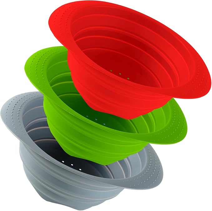 Collapsible Silicone Colander with Handle, 10.5-Inch Large Capacity Foldable Strainer for Vegetables, Pasta, Fruits - Heat Resistant up to 212°F, Non-Slip Base, Space-Saving Kitchen Tool-3pack