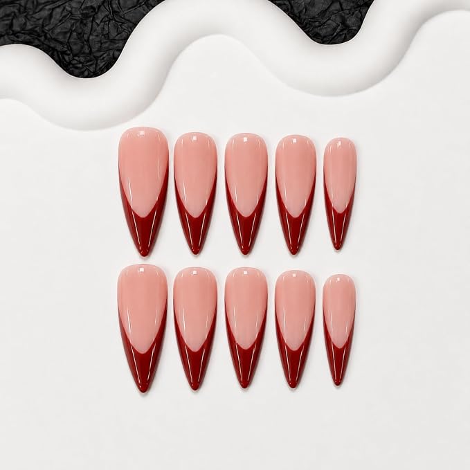Hand Made Press on Nails with Red French Tip Designs Long Stiletto Fake Nails Glossy Nude False Nails Luxury Handmade Solid Color Stick on Fingernails for Women 10pcs(M)