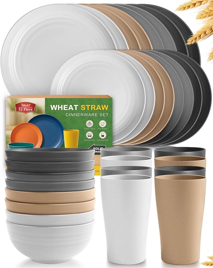 Teivio 32-Piece Plates and Bowls Sets for 8, Vintage Kitche Dinnerware Set | 13.5oz Cups, Rustic Life/Country plate set,Plastic Unbreakable Dish Set, Dishwasher, for Outdoor Camping RV Essentials
