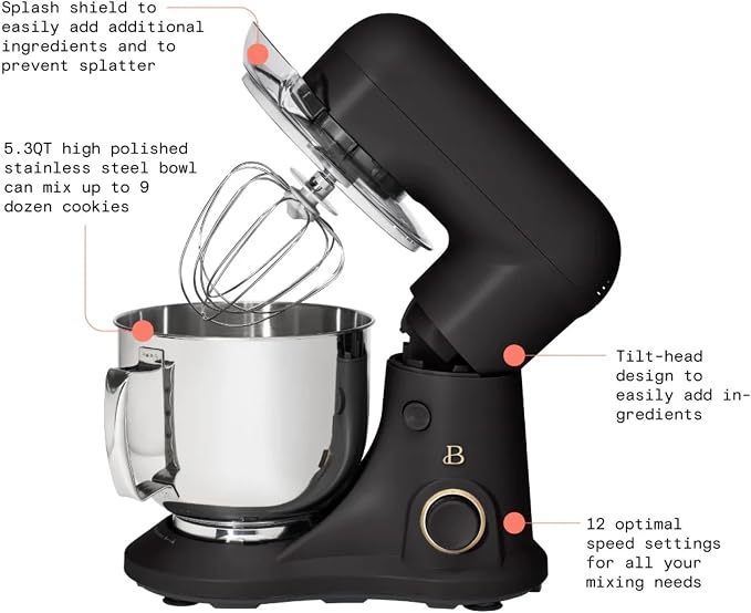 5.3 Qt Stand Mixer, 300W Electric Kitchen Mixer with 12 Speeds, Tilt Head Design, Stainless Steel Bowl, Dough Hook Whisk Beater Splash Guard (Black Sesame)
