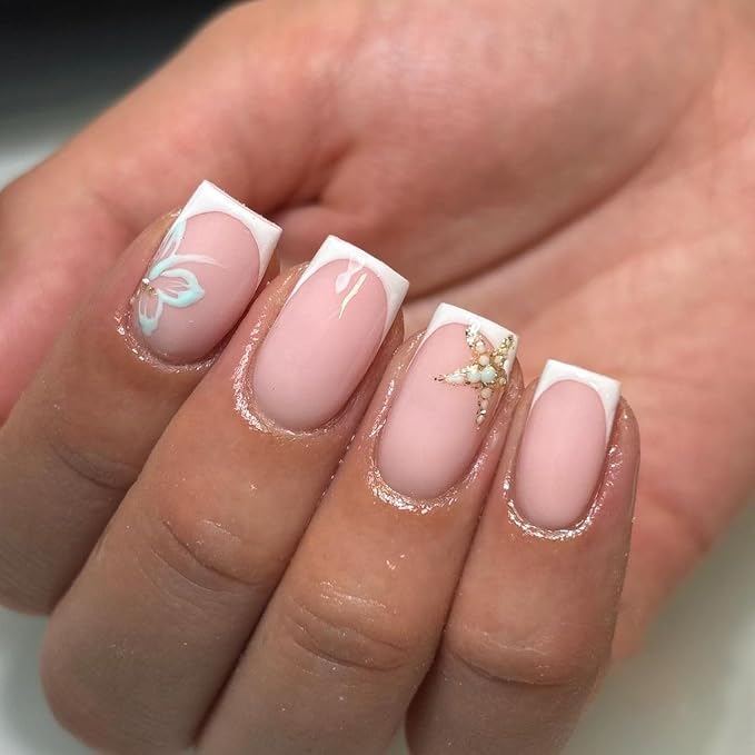 Summer Press on Nails Muti-Layer Gel Thick Handmade Press on Nails Short Square White French Tip Acrylic Nails Beach Starfish Fake Nail Designs Full Cover Ocean False Nail for Women (S)