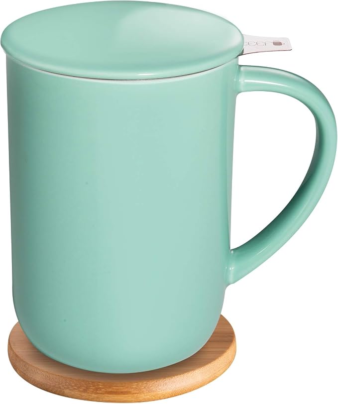 CEEFU 16oz Porcelain Tea Mug with Infuser, Lid and Coaster | Teaware with Filter, Loose Leaf Tea Cup Steeper Maker, Tea/Coffee/Milk/Women/Office/Home/Gift, Mint Green