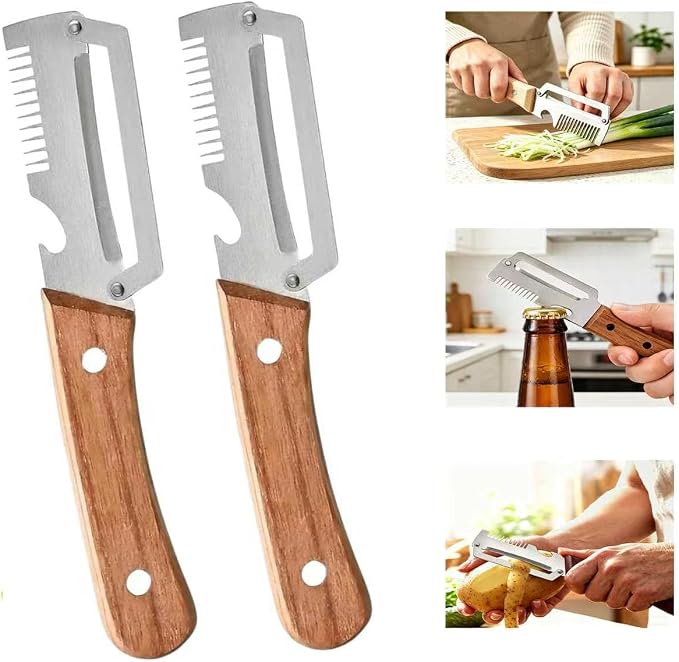 2Pcs Multifunctional Vegetable Peelers, 3-in-1 Kitchen Peeler with Wooden Handle, Stainless Steel Blade, Scallion Shredder and Built-in Bottle Opener, Fruit & Vegetable Peeling Tool