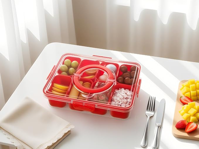 Dingerjar Divided Serving Tray with Lid and Handle - Snackle Box Charcuterie Container for Portable Snack Platters Organizer for Candy, Fruits, Nuts, Snacks - Perfect for Party, Entertaining, Red