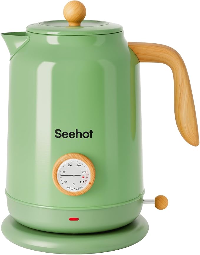 Seehot® Electric Kettle With Thermometer, 1.7L 1200W,Green | Auto shutoff, boil-dry protection,water-contact stainless steel, cordless base for coffee and tea