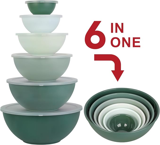BoxedHome BPA Free Plastic Round Mixing Bowl with Lids, 12 Pack Nesting Bowls with Lids Set, Microwave and Dishwasher Safe Prep & Serving Bowls Great for Mixing, Baking, Serving (Green, 12pcs)