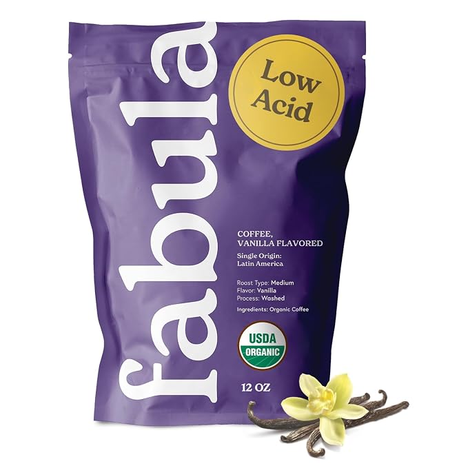 Fabula Vanilla Flavored Organic Coffee Freshly Ground - Organic - Low Acid - Single Origin - Non-GMO - Mold Free - 12 Ounces