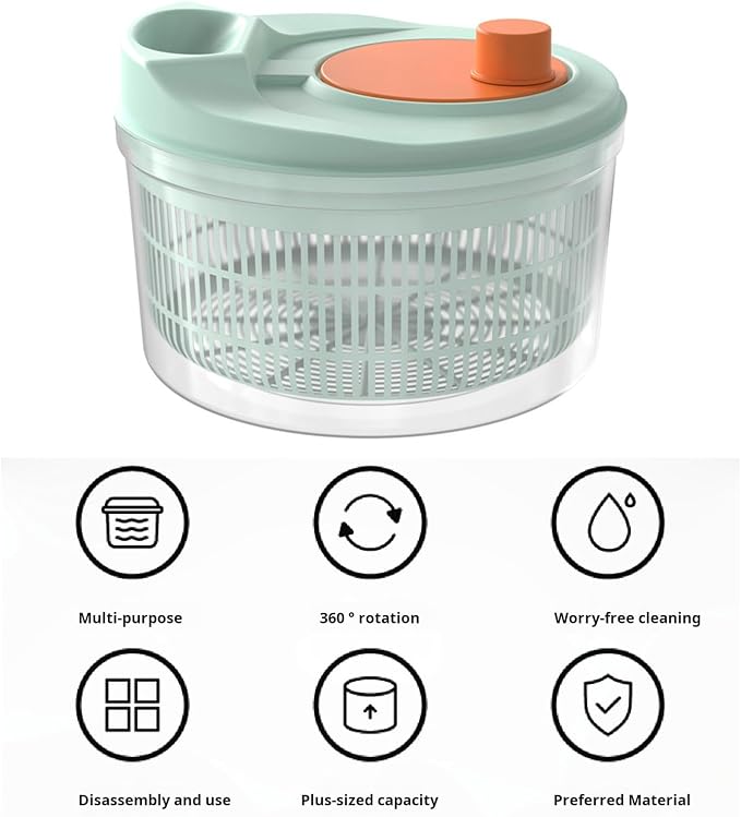 3L Salad Spinner, Manual Vegetable Washer & Fruit Dryer with Drainage Holes, Food Grade Plastic, Rotatable Kitchen Tool for Lettuce, Herbs, Greens Light Green