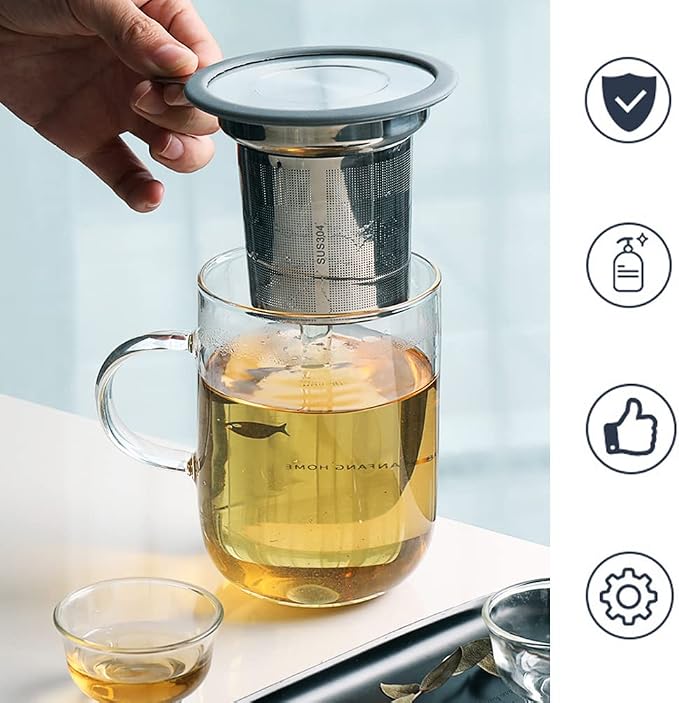 Tea Infuser, Extra Fine Mesh Tea Strainer with Silicone Lid, 304 Stainless Steel Tea Infusers for Loose Tea, Tea Steeper Basket Filter for Teapot, Mug, Cup