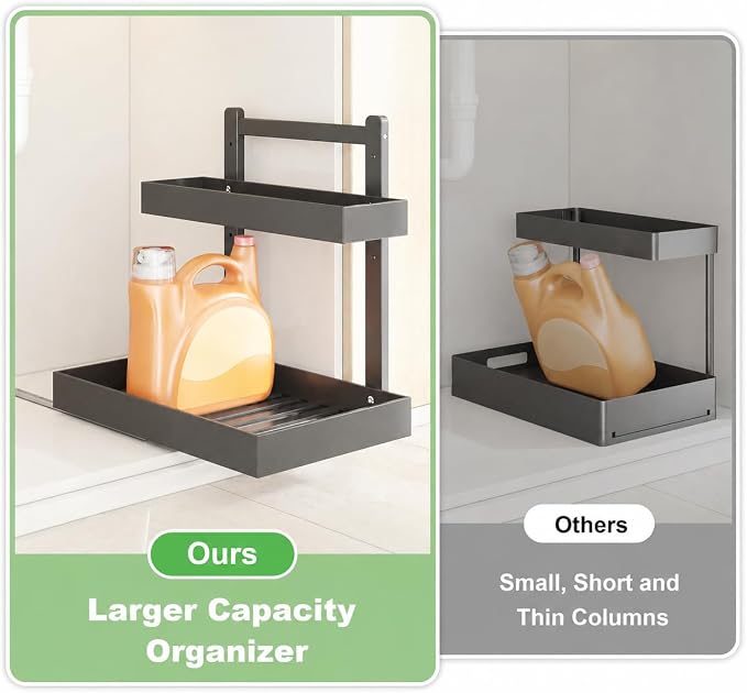 Bamboo Under Sink Organizer, 2-Tier Pull Out Cabinet Organizer | Kitchen Sink Organizer | Bathroom Cabinet Organizer | Cleaning Supply Storage | L-Shape | 3-Level Adjustable | Natural Bamboo