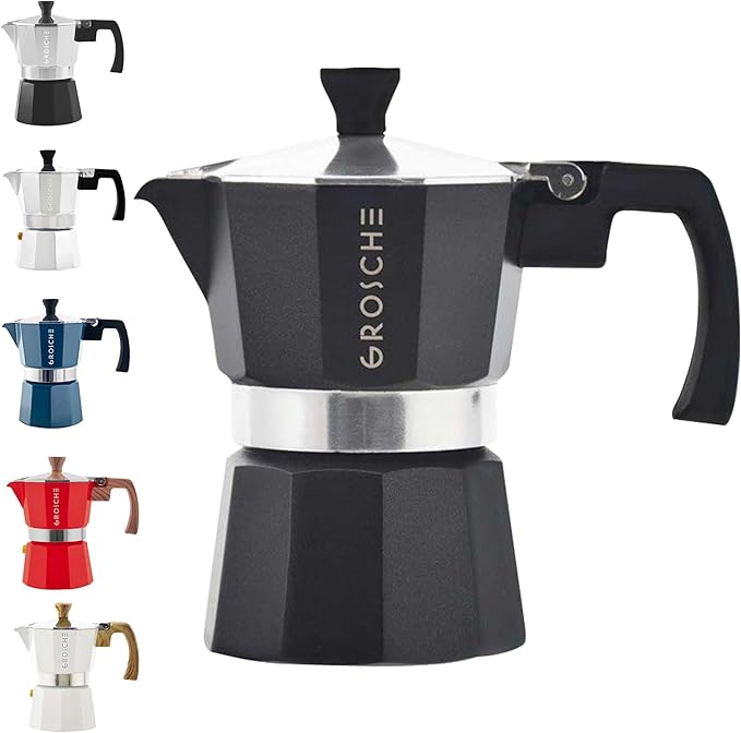 GROSCHE Milano Stovetop Espresso Maker Moka Pot 3 espresso Cup, 5 oz Black | Cuban Coffee Maker And Italian Moka Pot For Stovetop Espresso; For Gas, Electric, And Propane Stoves With A Soft-Touch Handle