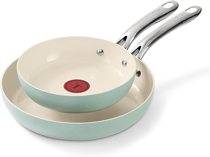 T-Fal Inspire Ceramic Nonstick Frying Pan 2-Pc Set, 8" & 10", Oven Broiler Safe up to 50°F Cookware, Ceramic Frying Pan Skillet, Pots & Pans, Mint Green