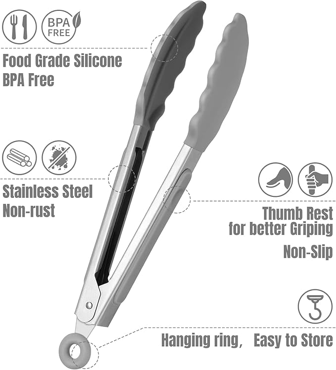 Hotec Mini Silicone Kitchen Tongs for Cooking - 7-Inch Small Serving Tongs with Silicone Tips, Set of 3 (Neutral Color)