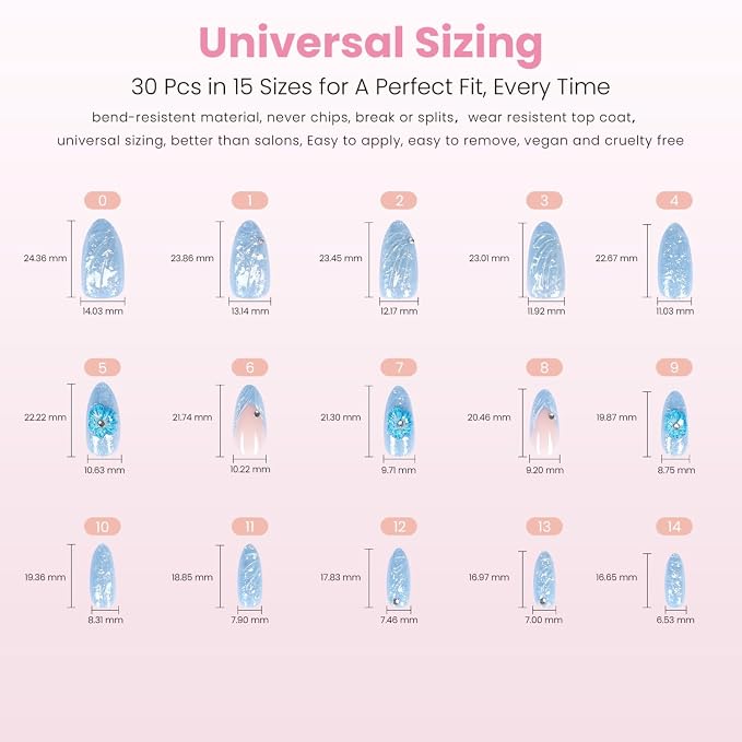 Nail Reformation Press On Nails, Blue Agate | Summer Medium Almond 30 Pcs | 15 Sizes Fake Nails with French Tip & 3D Flowers & Gems in Glossy Finish, Reusable Stick On Nail Kit, Gifts for Women