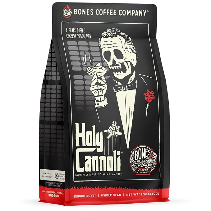 Bones Coffee Company Holy Cannoli, Baked Cannoli Flavored Coffee, Medium Roast Low Acid Arabica Beans Compatible with Auto drip and French Press Coffee Maker, 12 Oz Ground