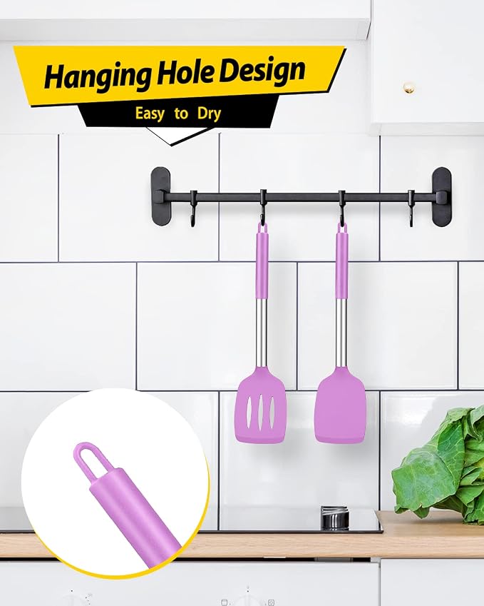 Pack of 2 Silicone Solid Turner, Non Stick Slotted Kitchen Spatulas, High Heat Resistant BPA Free Cooking Utensils, Ideal Cookware for Fish, Eggs, Pancakes(Purple)