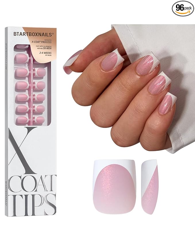 BTArtboxnails XCOATTIPS White French Tip Press On, XS Square, Pink Glitter | Lamp-Curable 4-Week Wear, Salon Quality Value at Home, Natural Nail Look, Easy-to-Apply for Beginners, 96ct Nail Tips Only