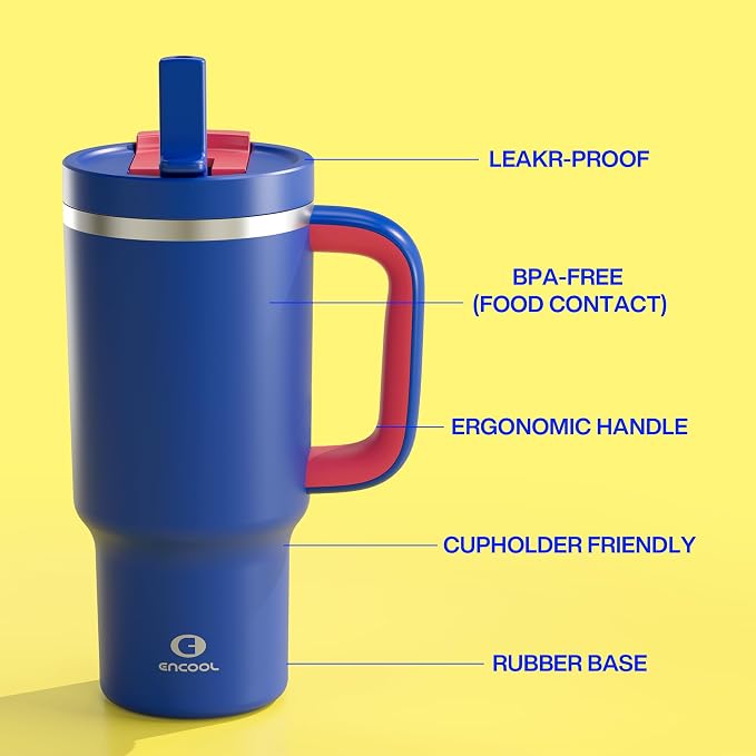 ENCOOL 32 oz Tumbler with Handle and Straw: Stainless Steel Insulated Tumbler Keeps Cold for 24 Hours, Leakproof Travel Cup Fits in Cup Holder and BPA-Free,Beaucoup Blue
