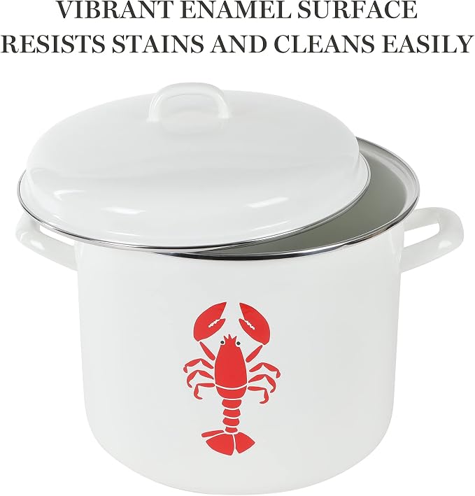 Martha Stewart 16-Quart Enamel on Steel Scratch-Resistant Lobster Stock Pot – Linen – Durable Large Capacity Pot for Boiling, Steaming & Seafood Cooking