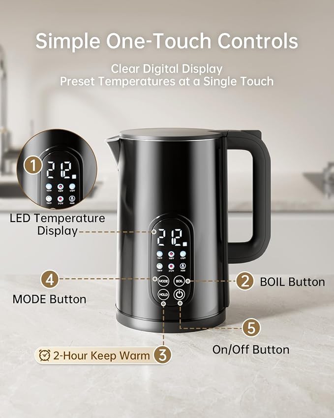 1.7L Stainless Steel Electric Kettle with Temperature Control, Matte Black | 5 Preset Temperatures for Tea & Pour Over Coffee, 2H Keep Warm, 1200W BOIL Mode, 304 Stainless Steel Interior, Cordless Base