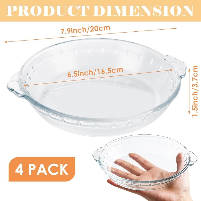 4 Set Glass Pie Pan with Handles, 7 Inch Glass Pie Plate for Baking, Round Glass Pie Dish for Baking Quiches, Tarts, Desserts & Salads, Oven & Freezer Safe Kitchen Accessories