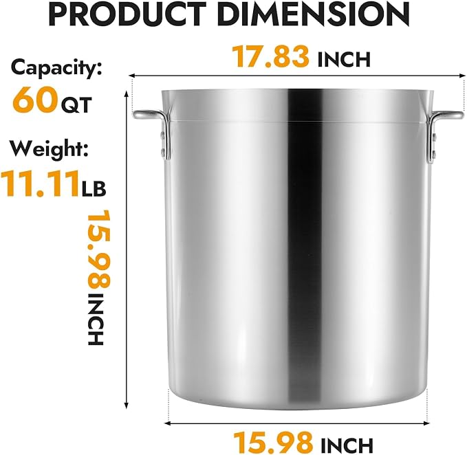 CURTA 60 Quarts Aluminum Stock Pot with Lid, Heavy Duty Commercial Grade Large Capacity Cooking Pot for Boiling, Stewing, Great for Kitchen, Restaurant, Catering, and Home Use, NSF Certified
