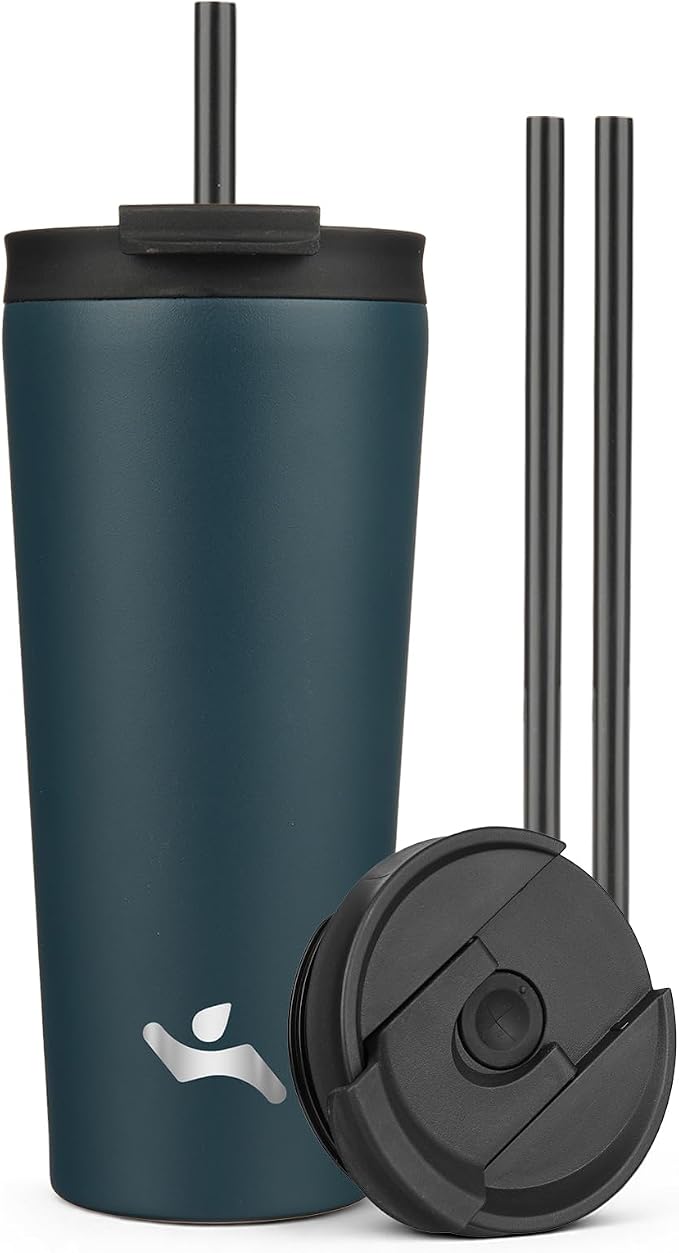 Konokyo 22 oz Insulated Tumbler Water Bottle with Straw Lid, Navy Blue | Stainless steel insulated tumbler for coffee, water and iced drinks; spill-proof lid, 2 straws, cup-holder friendly
