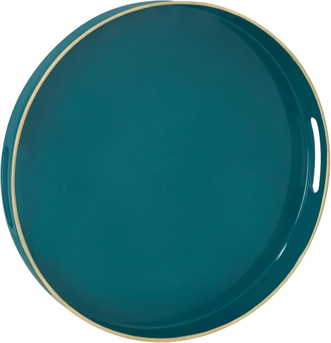 13" Teal Decorative Tray, Plastic Round Serving Tray with Handles | Green Decorative Tray for Coffee Table, Modern Ottoman Tray, Circle Tea Tray, Round Melamine Tray for Living Room, Bathroom