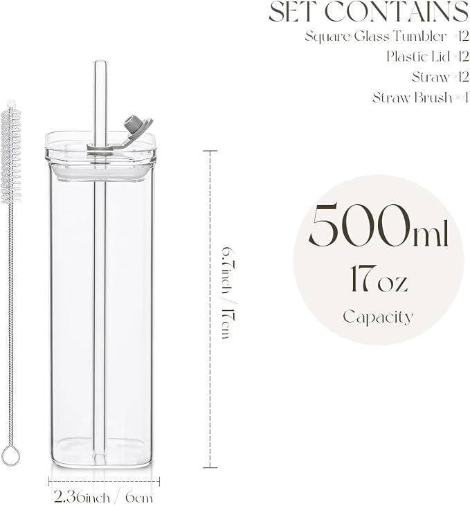 KEMORELA 12 Sets Square Drinking Glass Cups with Lids & Straws, 17 Oz Clear Highball Glasses for Cocktail, Iced Coffee, Juice, Beer - Modern Glass Tumblers