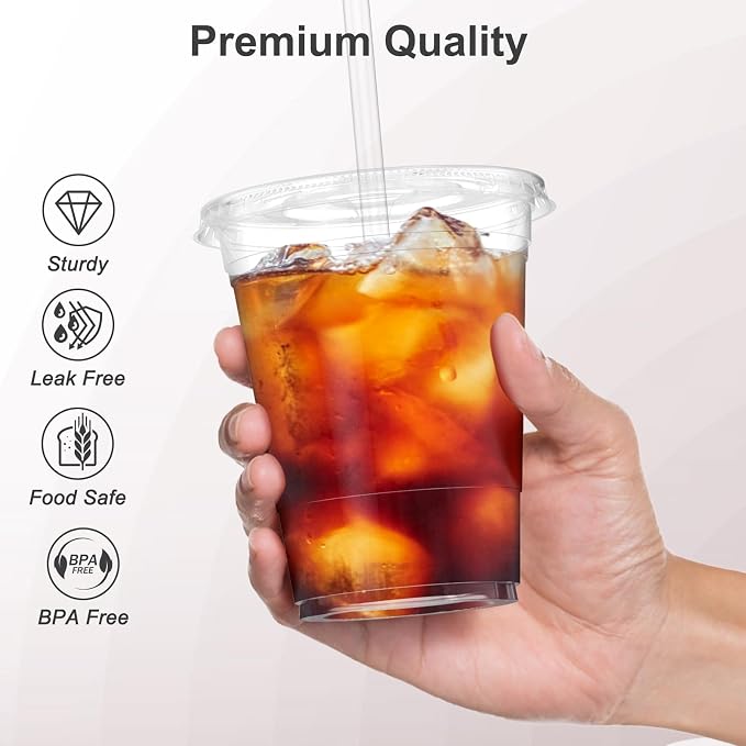 Dealusy 100 Pack - 16 oz Clear Plastic Cups with Lids and Straws | Sturdy & Food Safe Iced Coffee Cups with lids, Disposable Plastic Smoothie Cups for Cold Drinks