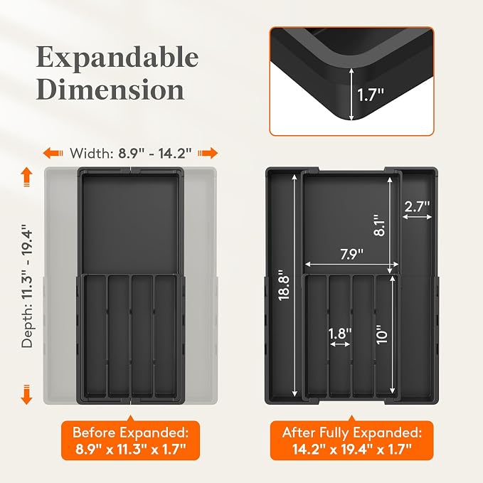 Lifewit Silverware Drawer Organizer, Expandable Utensil Tray for Kitchen | BPA Free Adjustable Flatware and Cutlery Holder, Plastic Storage for Spoons Forks Knives, 8.9-14.2 x 11.3-19.4 x 1.7, Black