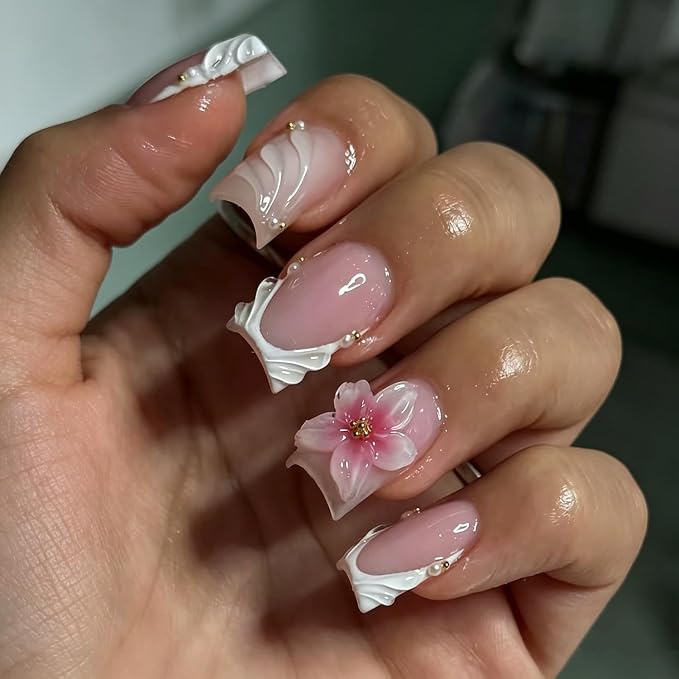 Handmade Press on Nails Glossy Pink Fake Nail Short Square Stick on Nails Acrylic Nails 3D Flower Press on Nails Designs White French Tip Full Cover Muti-Layer Gel Thick False Nail for Women (S)